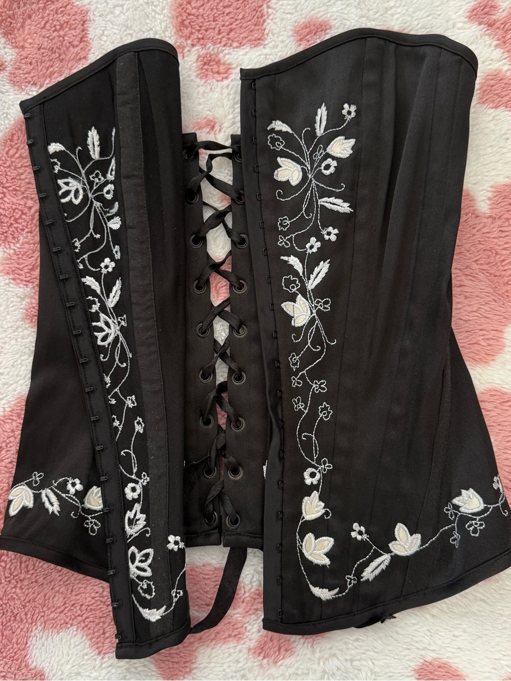 Y2K Coquette Black Embroidered Corset Top with White Floral | Lace Up Waist S - Picture 3 of 3